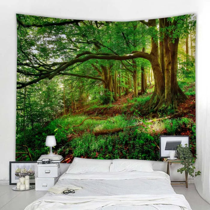 Magnifique papier peint cascade nature avec imprimé forêt et paysage marin - décoration murale hippie de style bohème avec motif mandala