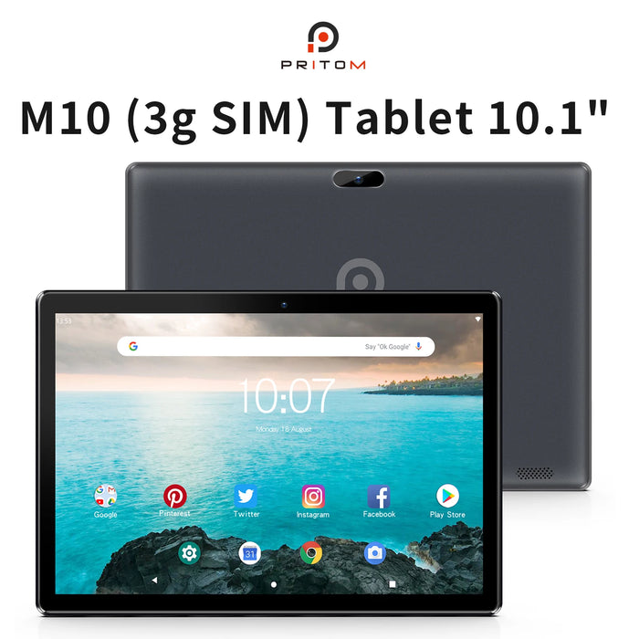 PRITOM 10-Zoll-Tablet mit SIM-Kartensteckplatz, Android 10, 64 GB, Quad Core, Touchscreen, WLAN, GPS, Unterstützung für 3G und Telefonanrufe