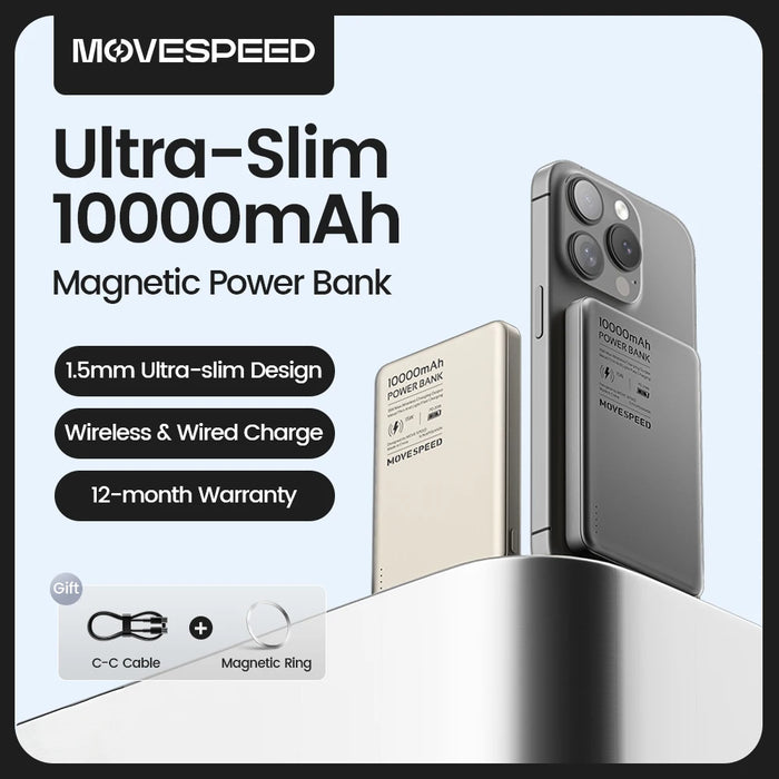 MOVESPEED S10 Slim Magnetische Powerbank 10000 mAh PD20W Tragbares Ladegerät Drahtloser externer Akku für iPhone 16 Samsung