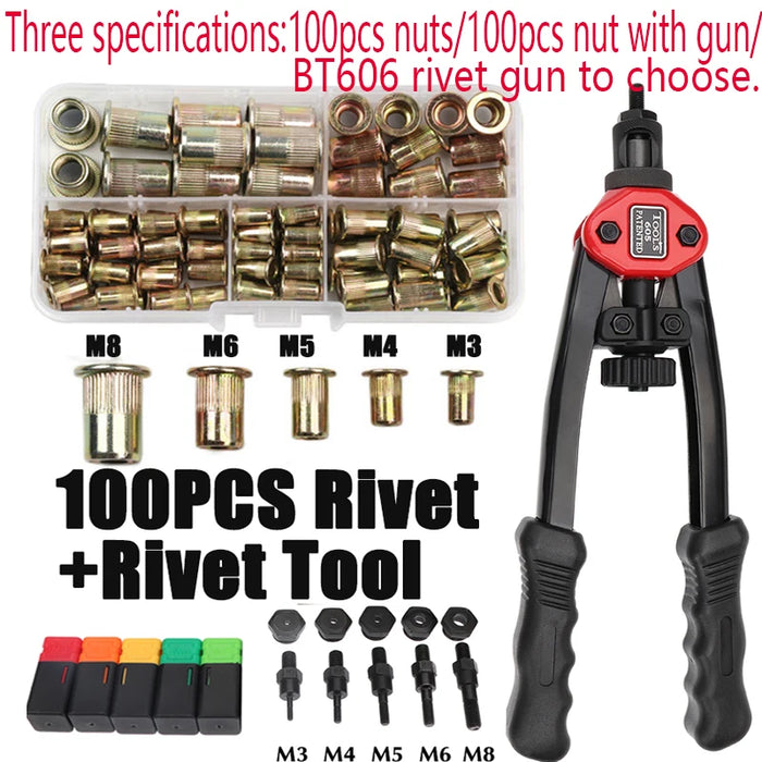 Jeu de 100 manchons à rivets et pinces à écrous à rivets manuelles BT606 - M3, M4, M5, M6, M8, outil à double insertion