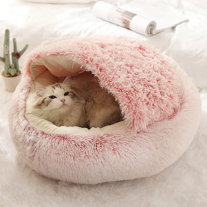 Round cat bed with soft and warm plush material - sleeping nest for small dogs and kittens