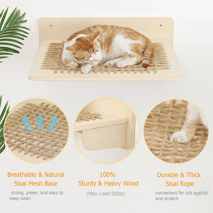 Wandmontierte Katzenbett-Hängematte für große Katzen aus Holz und Sisalseil mit Regalen und Plattformen für Katzenmöbel und zum Springen