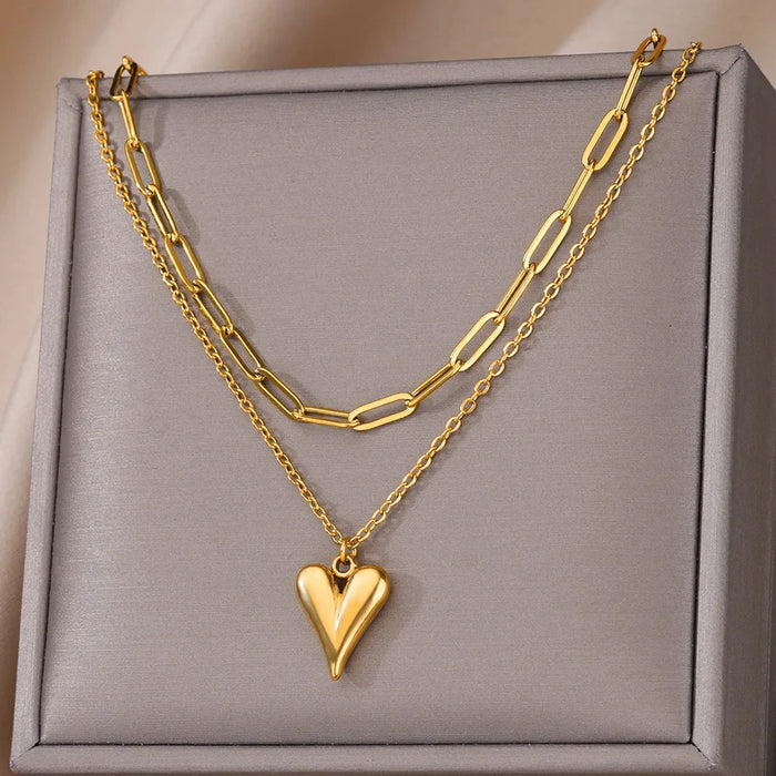 Layered Heart-Shaped Necklace in 316L Stainless Steel for Women and Girls - Gold Plated Choker Jewelry Gift for Birthdays