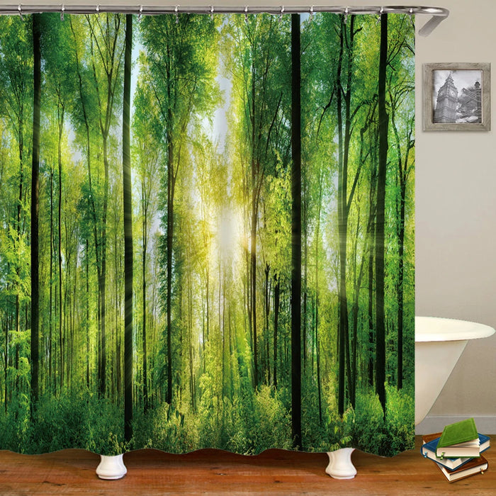 Rideau de douche moderne imprimé 3D avec paysage de plantes vertes et d'arbres, imperméable avec crochet pour salle de bain