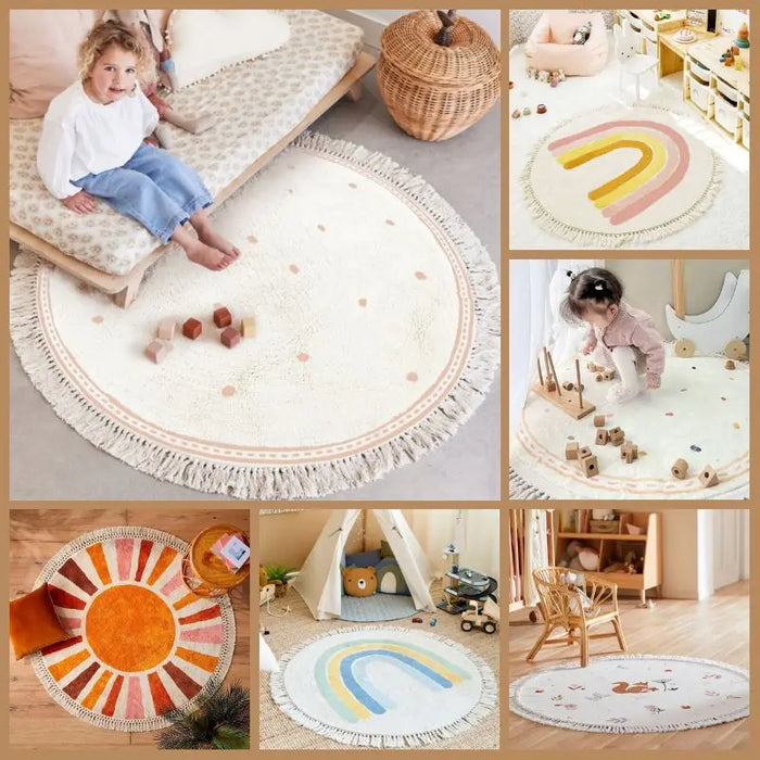 Tapis rond moelleux à franges pour salon, tapis de jeu en fourrure blanche pour enfants, tapis en peluche doux pour chambre d'enfants