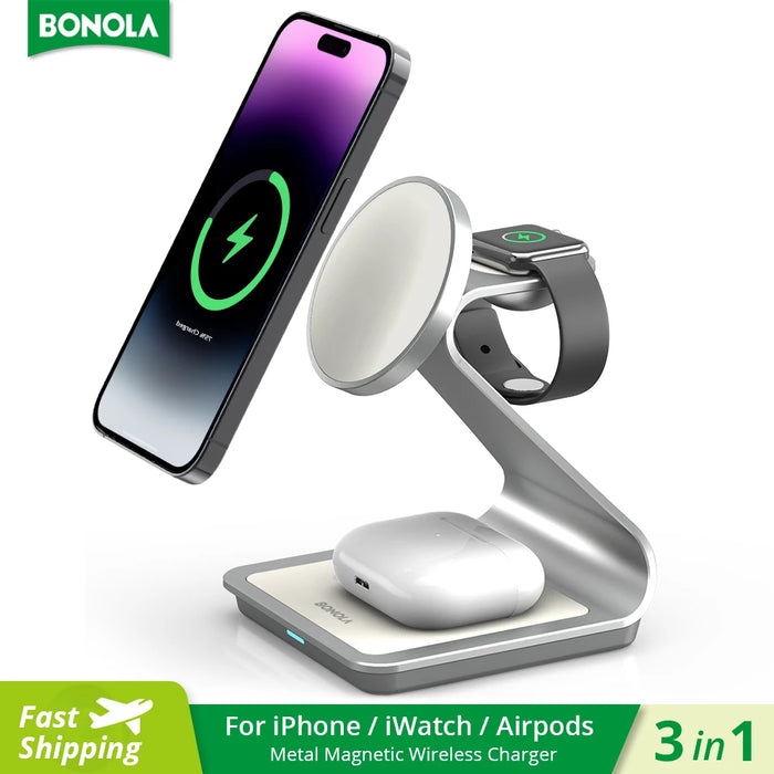 Bonola Cargador Inalámbrico Magnético 3 en 1 para iPhone 15/13/14 Pro Max/12 - Estación de Carga de 30W para Apple Watch/AirPods Pro