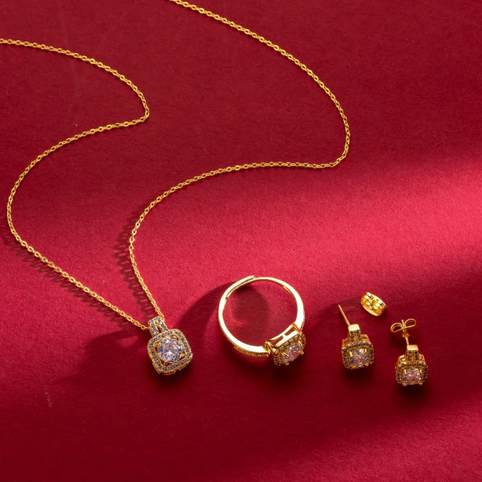 Conjunto de joyería de circonio cuadrado de lujo para mujer: collar, pendientes y anillo para boda y fiesta