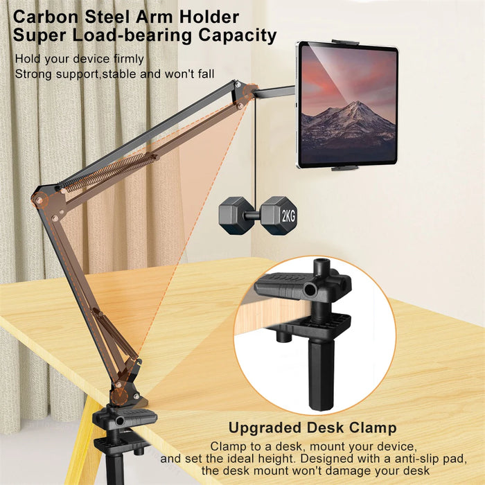 Soporte de cama para tableta - Soporte giratorio para teléfono para iPad Pro de 4-12,9", Samsung Tab y Xiaomi Pad - Soporte ajustable con brazo largo