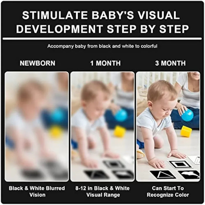 Tarjetas de estimulación visual Montessori para bebés de 0 a 12 meses en blanco y negro: tarjetas de contraste para estimular el aprendizaje visual de los recién nacidos