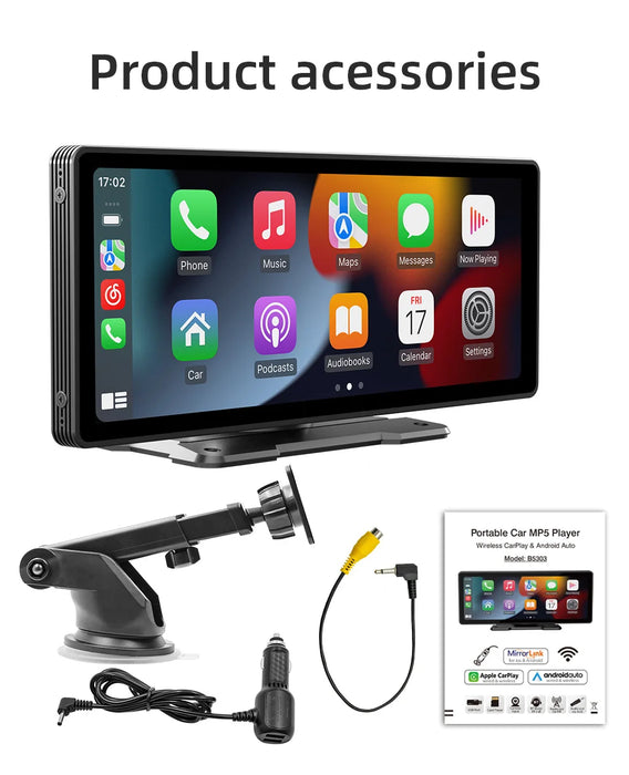 BQCC – écran Carplay Portable sans fil de 10.26 pouces, caméra de recul HD, autoradio DVR MP5, lecteur vidéo multimédia, Android Auto