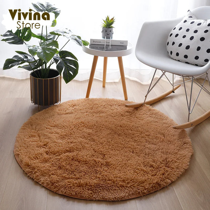 Round Green Plush Rug for Living Room - Fluffy Carpet for Sofa and Chairs, Long-Haired Floor Mat for Bathroom and Kids' Room Décor