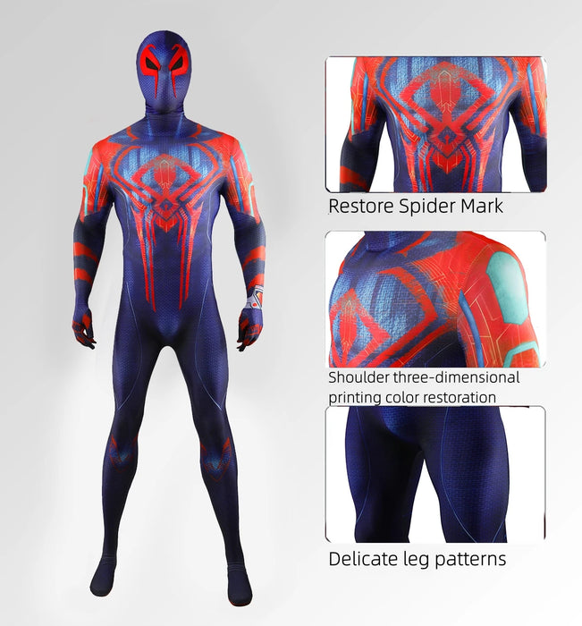 Disfraz de Spider Man 2099, mono de Miguel O'Hara, accesorios de cómic de Halloween, mono, disfraz de Spiderman con tocado