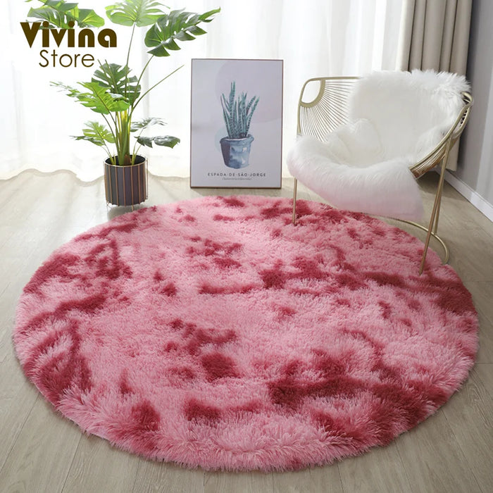 Round Green Plush Rug for Living Room - Fluffy Carpet for Sofa and Chairs, Long-Haired Floor Mat for Bathroom and Kids' Room Décor