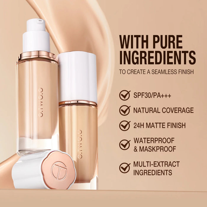 O.TWO.O Flüssige Foundation für das Gesicht, 30 ml, Make-up-Basis mit hoher Deckkraft, Sonnenschutz, LSF 30, wasserdichter Concealer, Make-up-Foundation