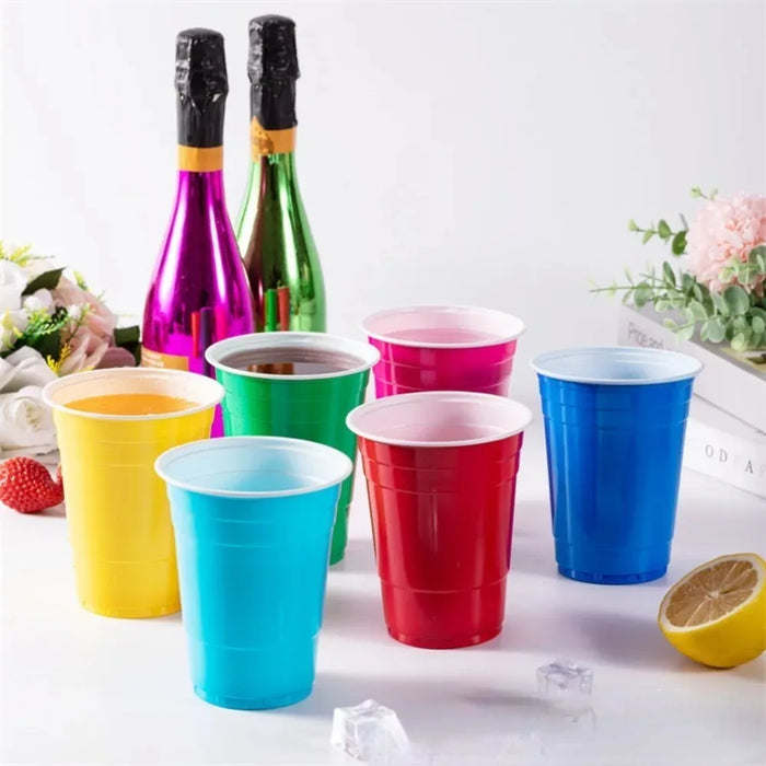 Vasos Desechables de Colores en Rojo, Azul, Amarillo y Verde - Vasos de Plástico de 16 oz para Fiestas, Bodas y Cumpleaños (50 piezas)