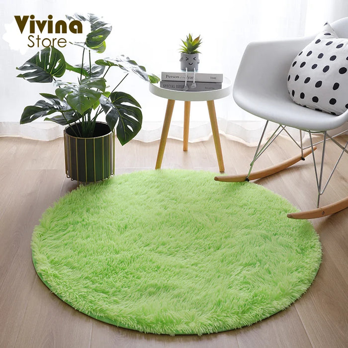 Round Green Plush Rug for Living Room - Fluffy Carpet for Sofa and Chairs, Long-Haired Floor Mat for Bathroom and Kids' Room Décor