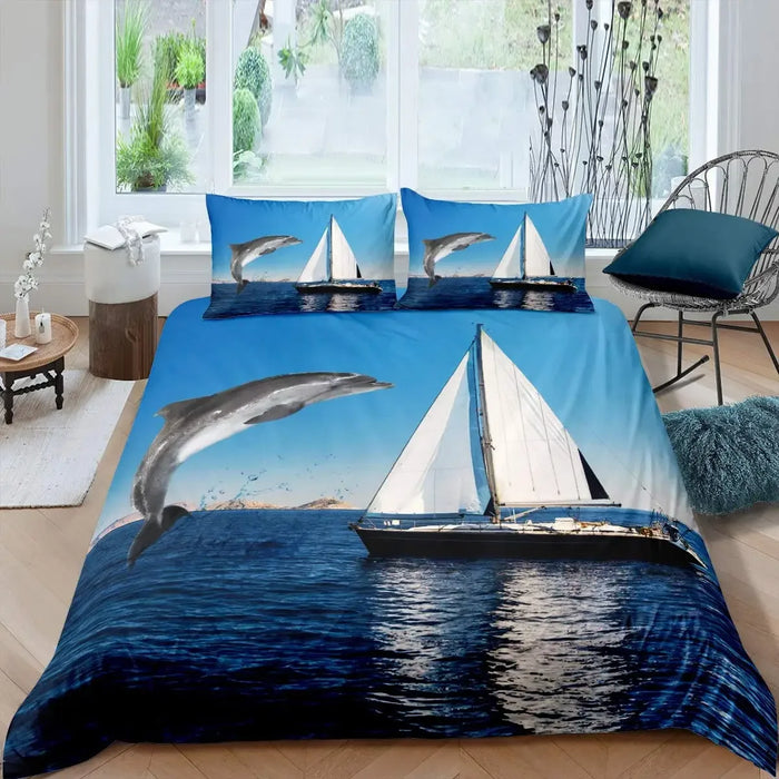 Juego de cama 3D con motivo de delfines - Motivo de mar azul en tamaño Queen y King para niños y adultos