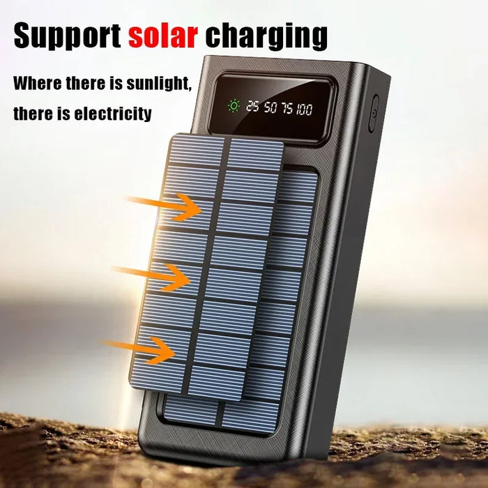 Power Bank Solar Xiaomi 200000mAh con alta capacidad, carga rápida y doble puerto USB y 4 cables para iPhone y Samsung