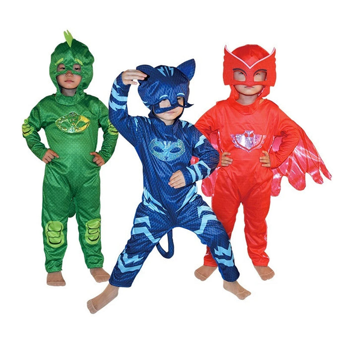 Pijamas para niños de color azul intenso con estampado de gato y perro, disfraz de héroe anime con máscara para cosplay, perfecto para Halloween y fiestas de cumpleaños