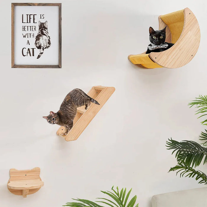 Hamaca suspendida en la pared con estante para gatos, criatura lunar, con escaleras y plataformas de madera maciza para actividades en interiores para gatos