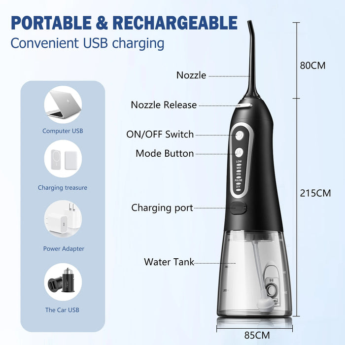 Hydropulseur rechargeable par USB, hydropulseur électrique portable avec réservoir d'eau de 300 ml et conception étanche pour les soins bucco-dentaires