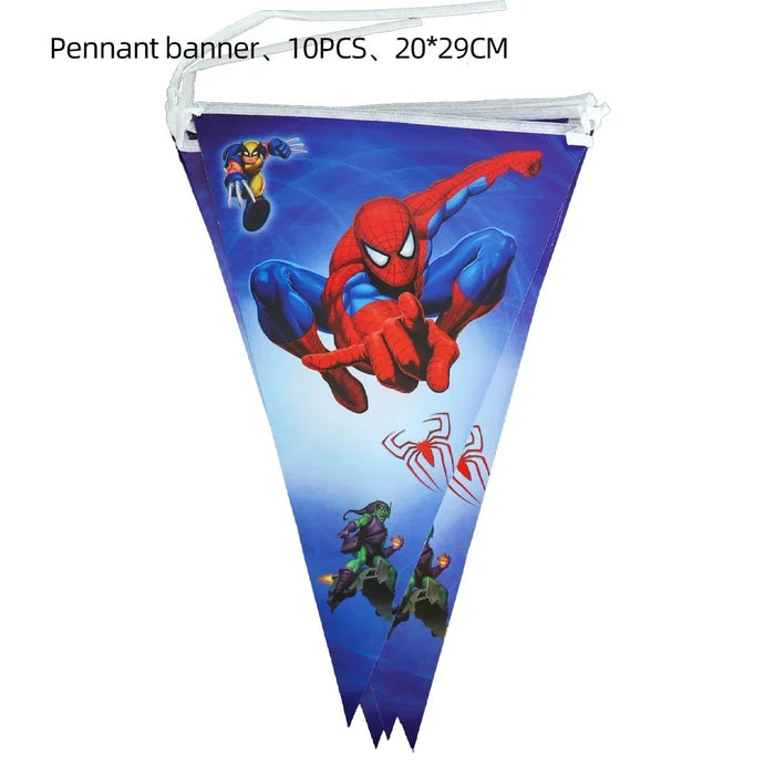 Vaisselle d'anniversaire, mugs, mouchoirs, fourchettes, cuillères et décorations de fête sur le thème de Spider-Man.