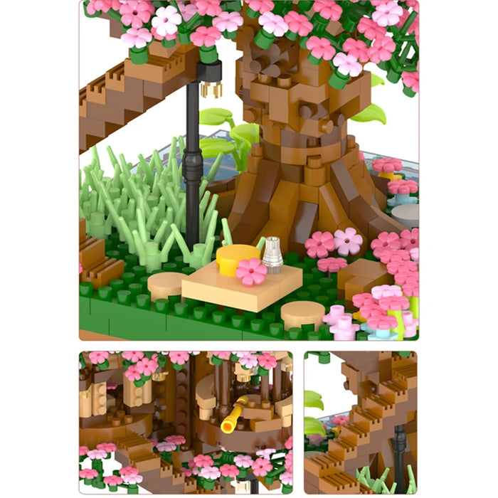 Arbre en fleurs de cerisier et maison de train à couleurs changeantes, 2138 pièces, Kit de construction créatif pour enfants et adultes