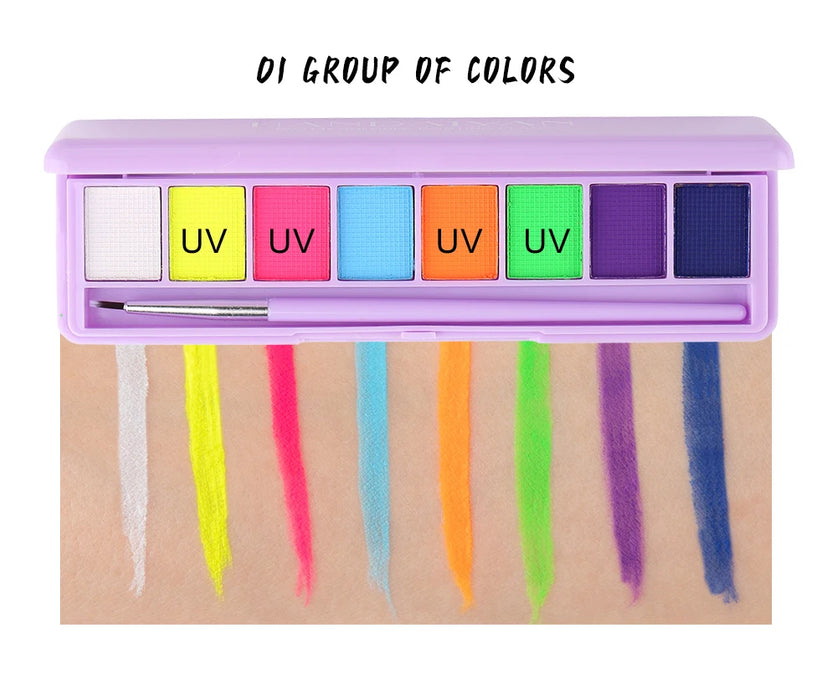 Water-Activated Neon Eyeliner Palette - UV Blacklight Fluorescent Face & Body Paint for Halloween and Festive Looks