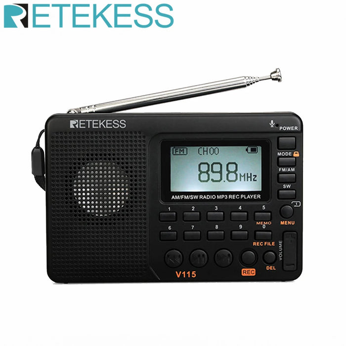 RETKEKESS V115 Radio portable FM AM SW – Radio à ondes courtes rechargeable avec enregistrement USB et haut-parleur