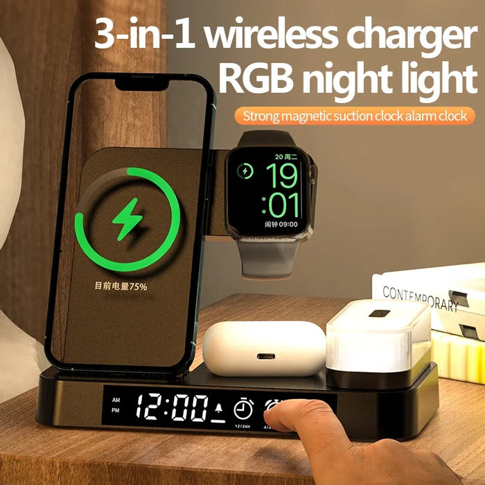 Cargador inalámbrico 3 en 1 de 30W, soporte con alarma, reloj con luz nocturna, estación de carga rápida para iPhone, Samsung, Galaxy, Watch, IWatch