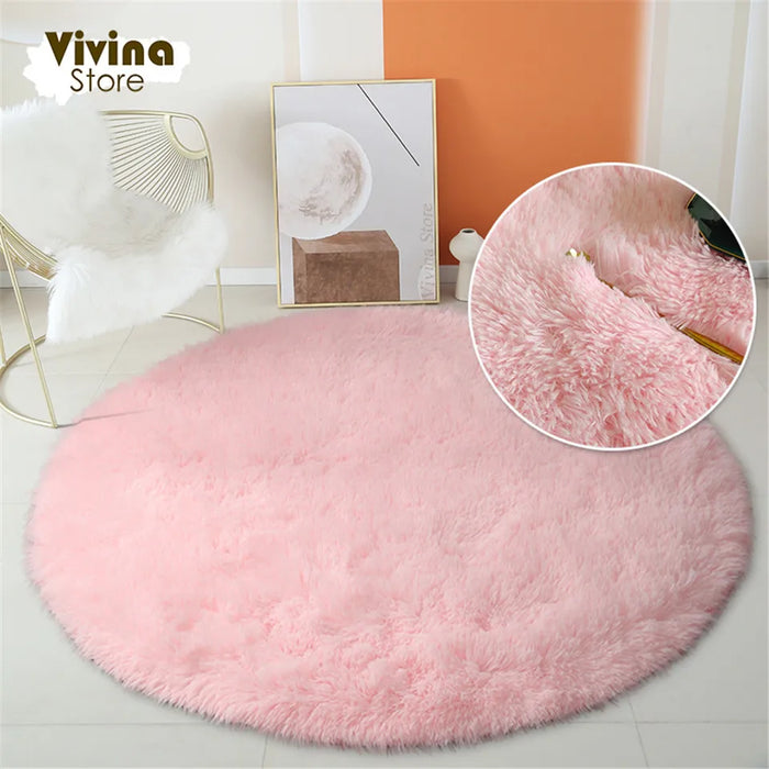 Round Green Plush Rug for Living Room - Fluffy Carpet for Sofa and Chairs, Long-Haired Floor Mat for Bathroom and Kids' Room Décor