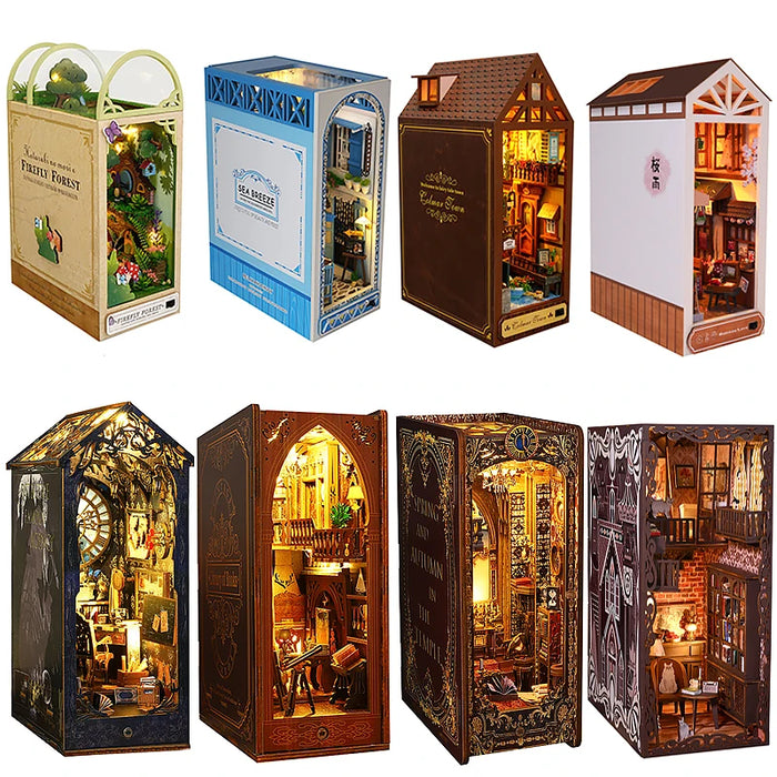 Kit de coin de livre miniature DIY avec lumière LED – Modèle de puzzle en bois 3D pour maison de poupée, livres et décoration – Cadeau parfait pour les adultes pour un anniversaire