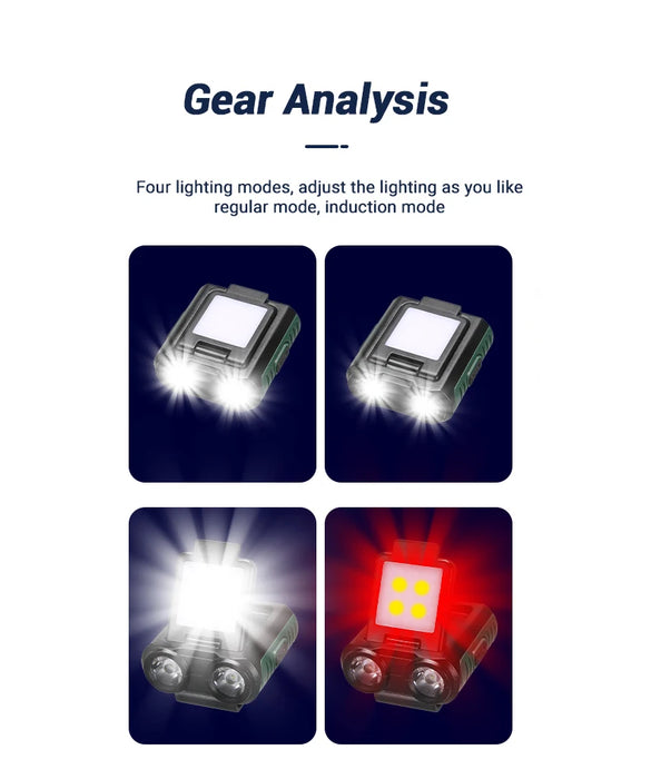 Linterna frontal LED COB recargable por USB con clip para acampar y pescar, batería incorporada y diseño resistente al agua