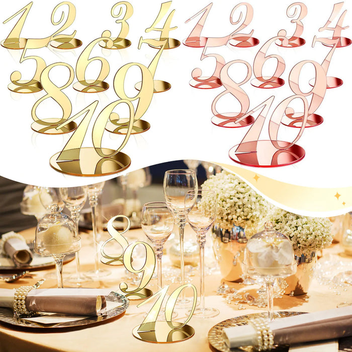 Lot de 10 numéros de table élégants en acrylique avec support doré – Numéros de table sophistiqués avec base miroir pour décorations de mariage et d'événements