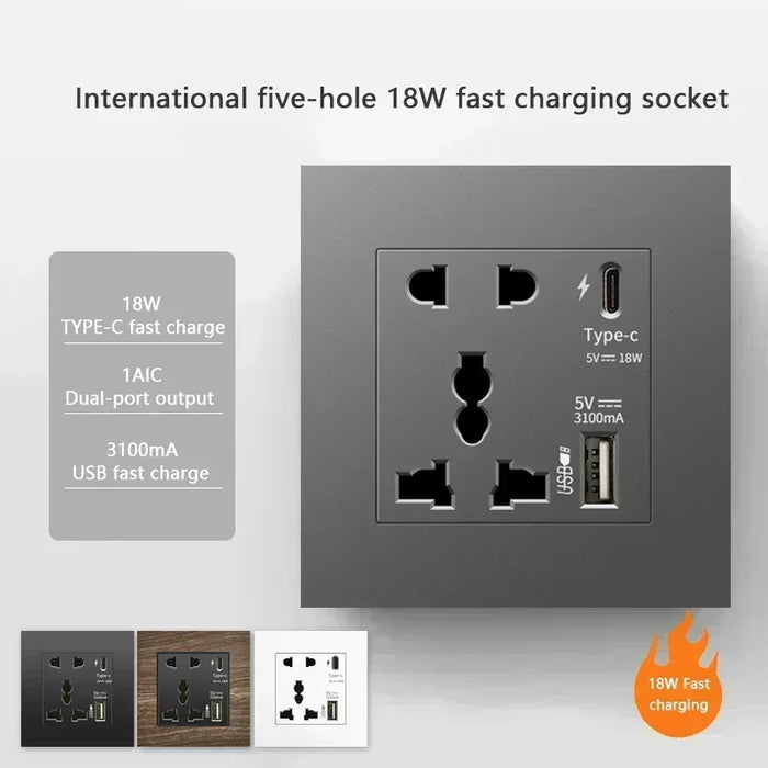 Universell 18W Type-C Snabbladdning 5-pins uttag, UK Vägguttag med USB-laddare, Vit smart Dubbel eluttag