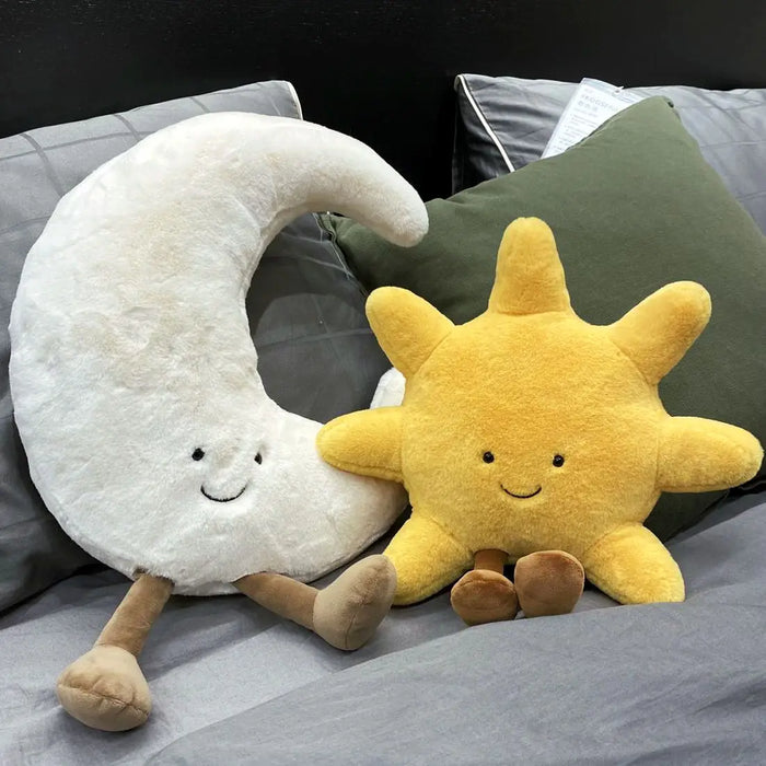 Bonita cara sonriente, Luna blanca, sol amarillo, Animal relleno para decoración de habitación de niños, cojín para sofá, figura de caramelo