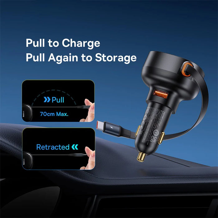 Chargeur de voiture Baseus 60W 2 en 1 avec câble rétractable SCP 25W QC PD 30W chargeur rapide pour iPad iPhone 16 15 14 13 Pro Samsung