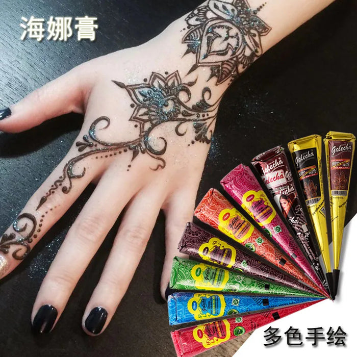 Neue Henna-Paste in Schwarz, Braun, Rot und Weiß – Indische Henna-Kegel für selbstgemachte temporäre Tattoos und Körperbemalung