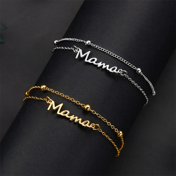 Elegant "Mama" Double Chain Charm Bracelet for Women - Stylish Metal Bangle Gift in 3 Colors for Mother's Day