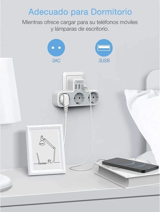 Enchufe TESSAN EU con 3 salidas de CA + 3 puertos USB, cargador de pared 6 en 1 con protección contra sobrecarga para el hogar