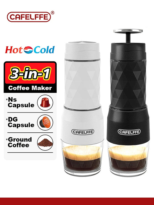 Cafelffe Cafetera portátil 3 en 1 para agua fría/caliente - Cafetera espresso manual para cápsulas y café molido para senderismo y viajes