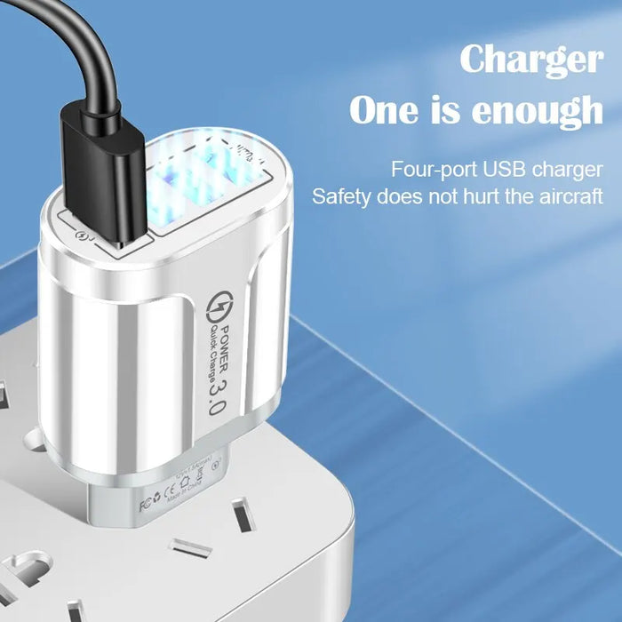 Cargador USB de 18 W y 4 puertos con Quick Charge 3.0 - Cargador de pared portátil para teléfonos móviles y tabletas, compatible con UE/EE. UU.