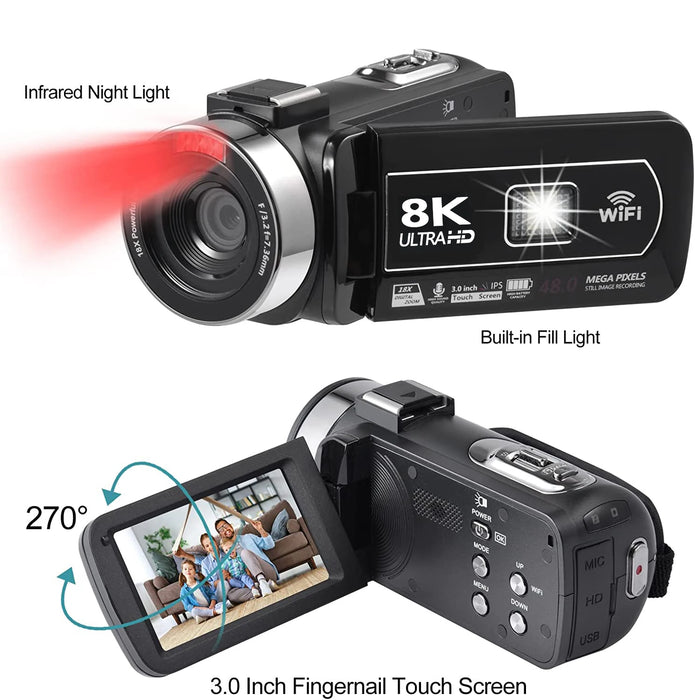 HDR 8K Digital-Camcorder mit Nachtsicht, 48 MP WIFI-Webcam für Live-Streaming