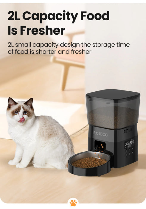 ROJECO Distributeur Automatique de Nourriture pour Chats 2L - Distributeur de Nourriture Fraîche Intelligent avec Bol en Inox pour Chiens et Chats