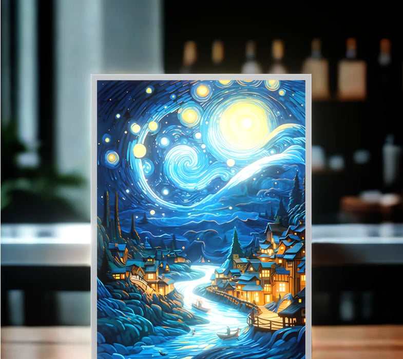 Pintura al óleo creativa y brillante del cielo estrellado de Van Gogh, decoración conectada por USB para sala de estar, dormitorio y entrada, lámpara de ambiente única como regalo