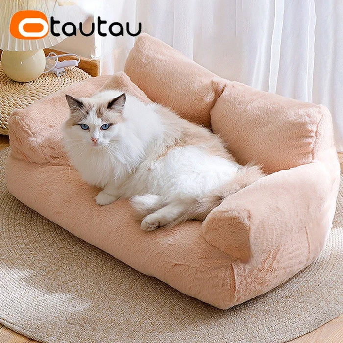 OTAUTAU Soft Fake Rabbit Fur Cat Sofa with 3D PP Cotton Filling, Machine Washable Pet Sofa SF189