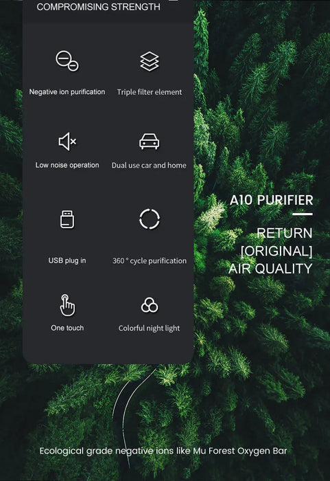 Purification de l'air / Triple filtration / Concentration d'ions négatifs 800 W / Contrôle tactile / Lumière atmosphérique / Port USB / Double usage pour voiture et maison
