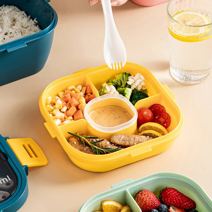 Boîte à bento double avec bol à salade – Passe au micro-ondes, grande capacité, 4 compartiments, boîte de rangement des aliments scellée pour organisateur de cuisine