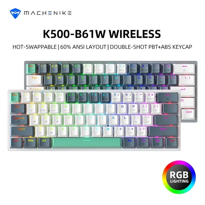 MACHENIKE K500-B61W Teclado mecánico inalámbrico diseño 60% ANSI teclado inalámbrico para juegos RGB trimodo intercambiable en caliente para jugadores