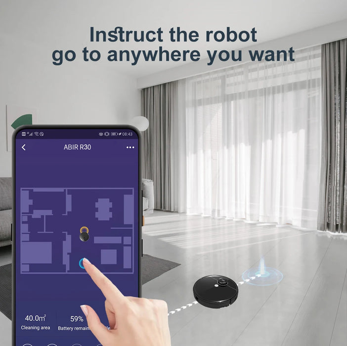 Aspirateur robot ABIR R30 avec station de vidange automatique, puissance d'aspiration de 6500 PA, cartographie multi-étages et nettoyage humide-sec personnalisé